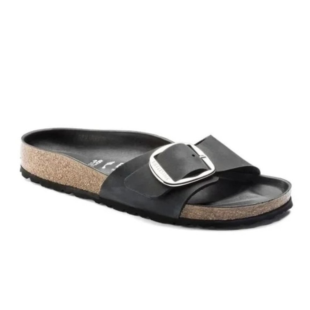 Birkenstock Black Single Strap Slide Sandal with Silver Buckle